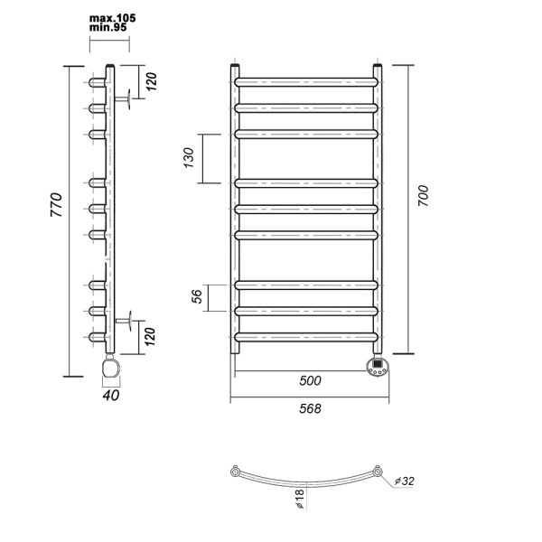 Полотенцесушитель электрический Domoterm Калипсо   Калипсо П9 500x700 ЧРН ER фото