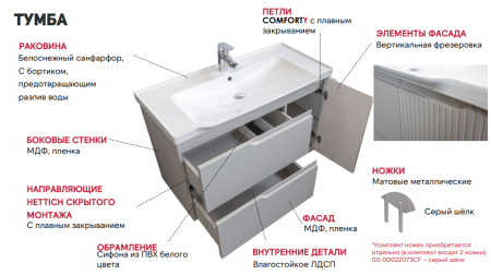 Тумба с раковиной Comforty Сидней-100 00-00022768CF серый шелк фото