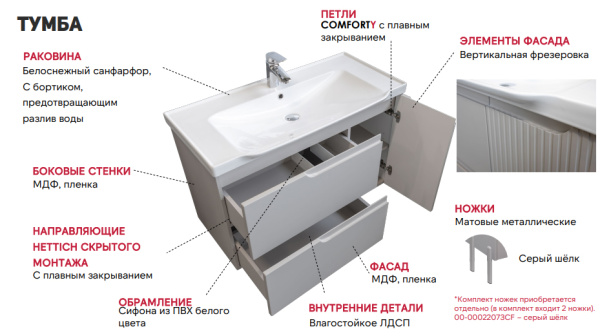 Тумба с раковиной Comforty Сидней-100 00-00022768CF серый шелк фото