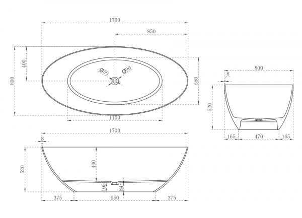Ванна из искусственого камня Abber Stein AS9625-1.7 170x80 белая матовая фото