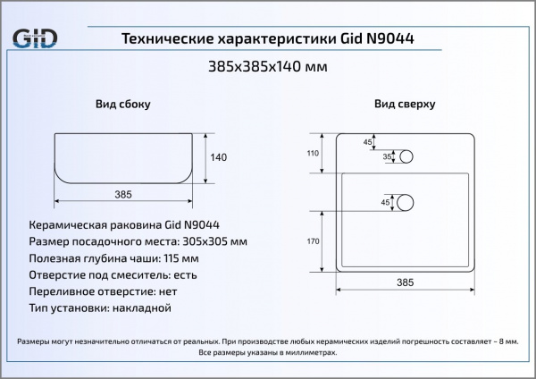 Накладная раковина GID N9044 38х38 фото