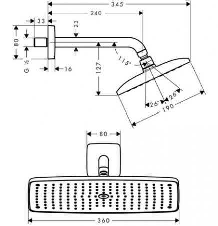 Верхний тропический душ с держателем Hansgrohe Raindance E 360 1jet 27371000 фото