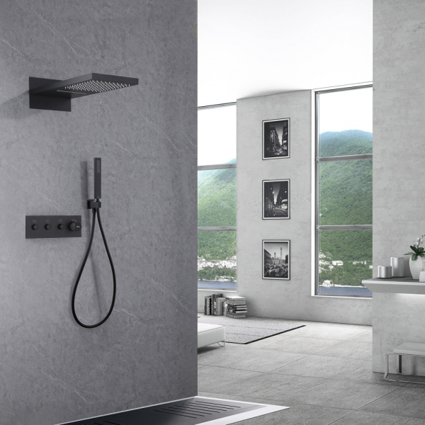 Душевая система скрытого монтажа с термостатом Abber Rund AF8752B черная матовая фото