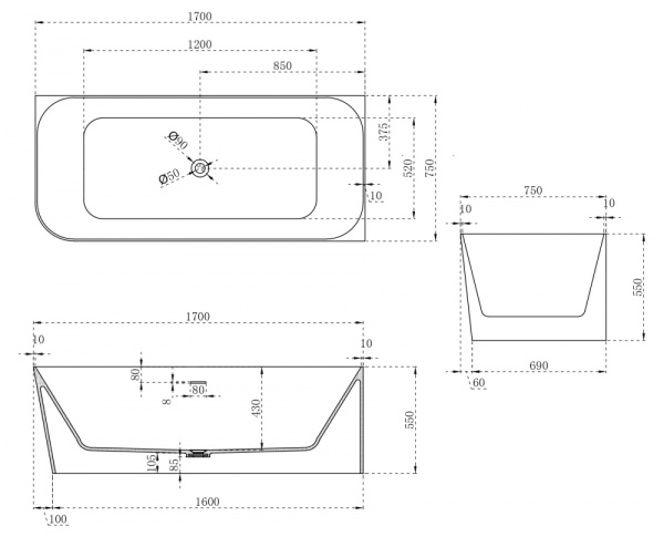 Ванна из искусственого камня Abber Stein AS9621-1.7 R 170x75 фото
