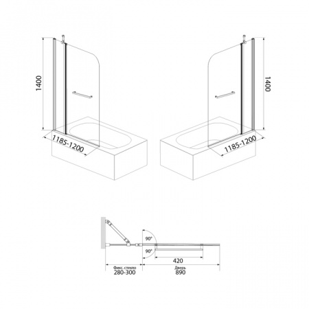 Шторка для ванны распашная Iddis Ray RAY6CS2i90 120х140 см прозрачное стекло фото