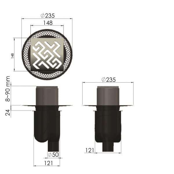 Душевой трап Berges Platz Antik 150х150 вертикальный слив, хром фото