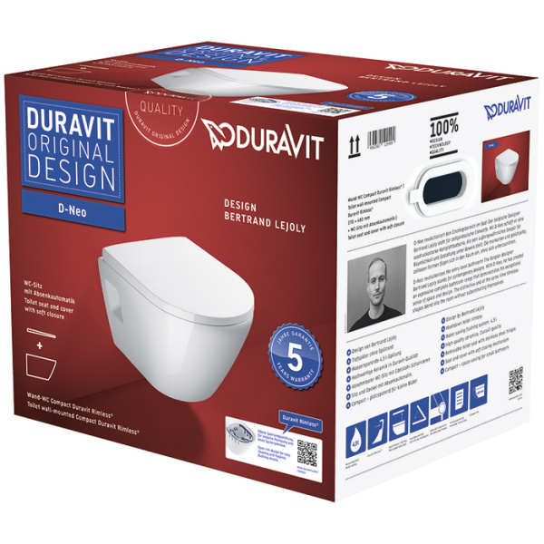 Подвесной унитаз безободковый, укороченный Duravit D-Neo 45870900A1 (2587090000+0021690000) с сиденьем фото