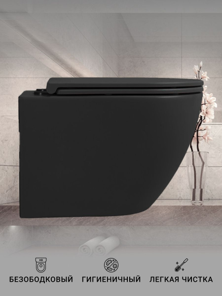 Подвесной унитаз безободковый Sintesi EVI SIN-TS-EVI-151BM с сиденьем, черный матовый фото