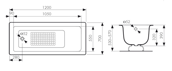 Чугунная ванна Kaiser КВ-1601 120х70 с антискользящим покрытием фото