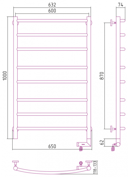 Полотенцесушитель электрический Сунержа Галант 2.0 100х60 с блоком управления справа, 00-5201-1060 фото