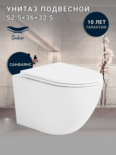 Подвесной унитаз безободковый Sintesi EVI SIN-TS-EVI-151WM с сиденьем, белый матовый фото