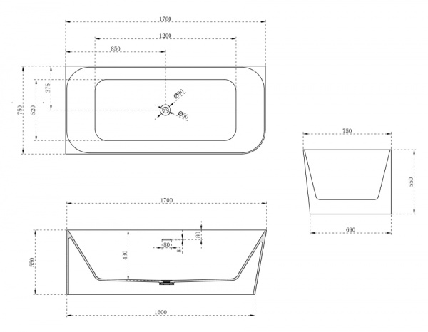 Ванна из искусственого камня Abber Stein AS9621-1.7 L 170x75 белая матовая фото