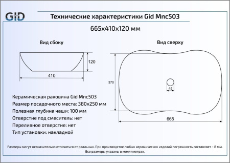 Накладная раковина GID MNC503 66,5х41 фото