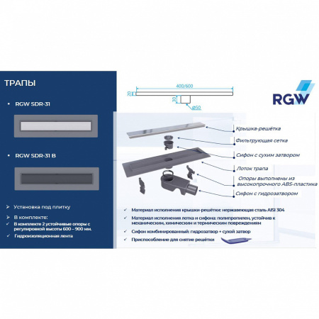 Душевой трап RGW SDR-31B 60см, с решеткой фото